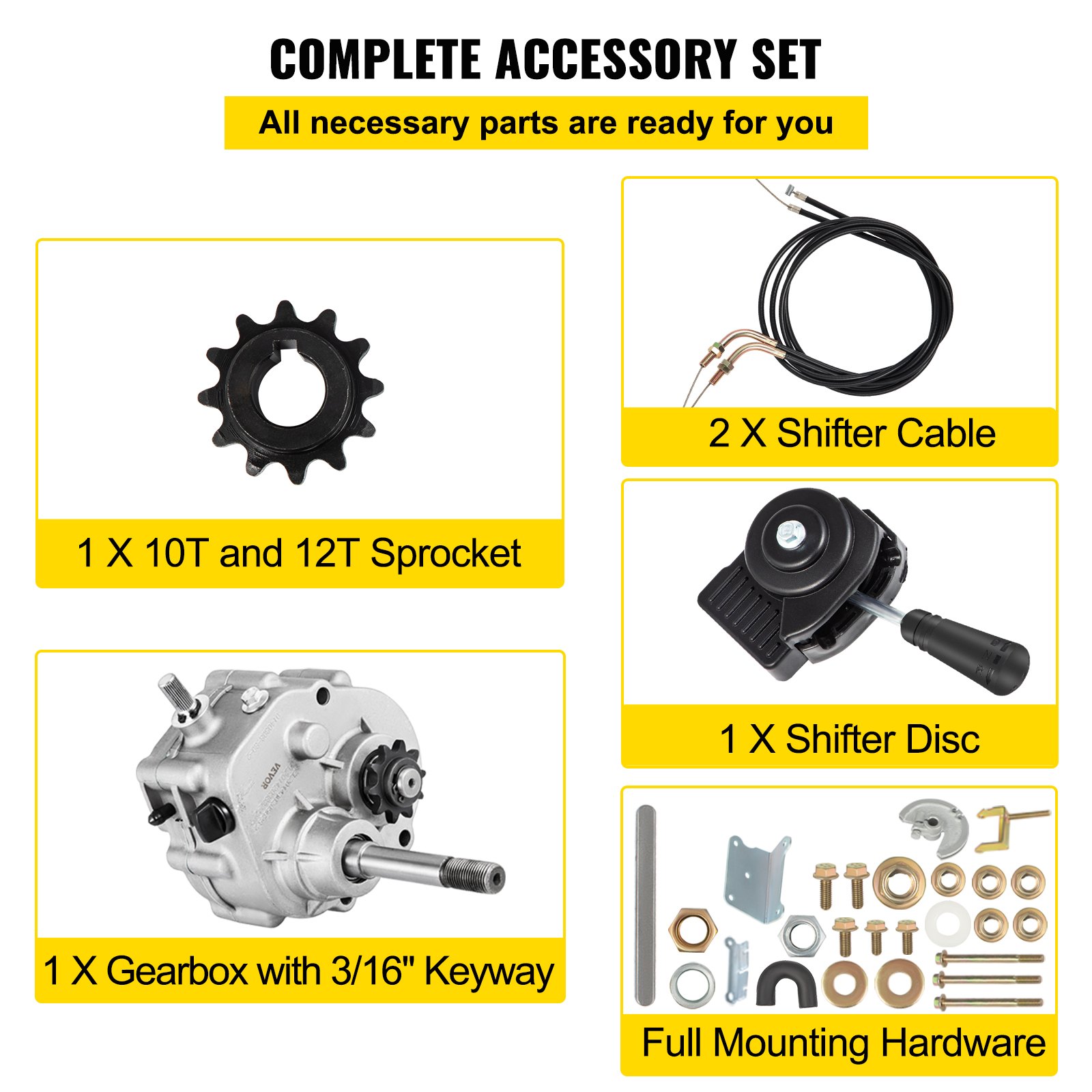 Juego completo de accesorios para caja de cambios de kart VEVOR, que incluye cables, piñón y hardware.