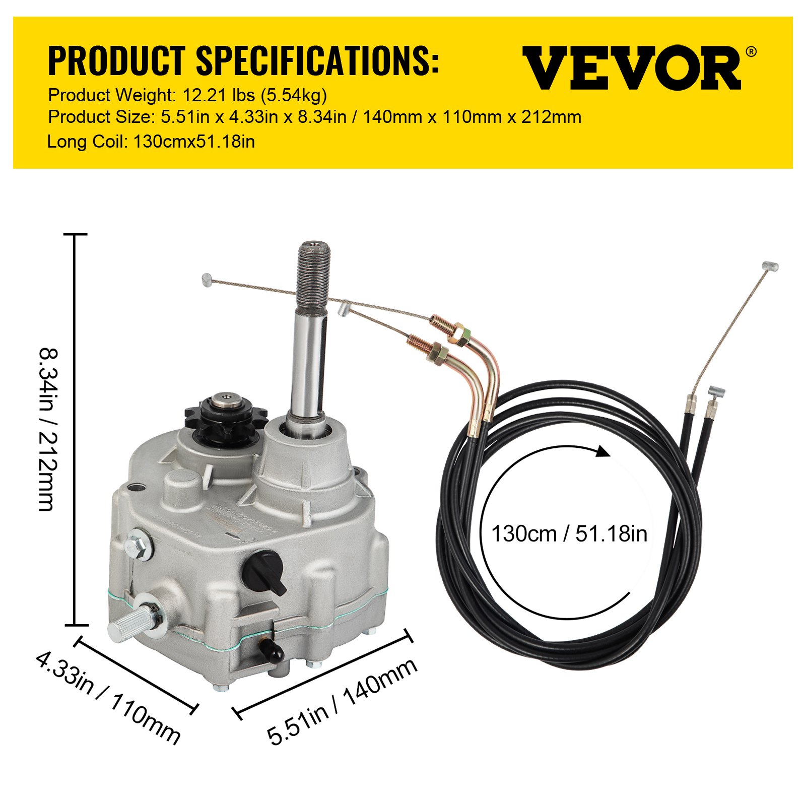 Caja de cambios para kart VEVOR con cables y dimensiones resaltadas en fondo amarillo.