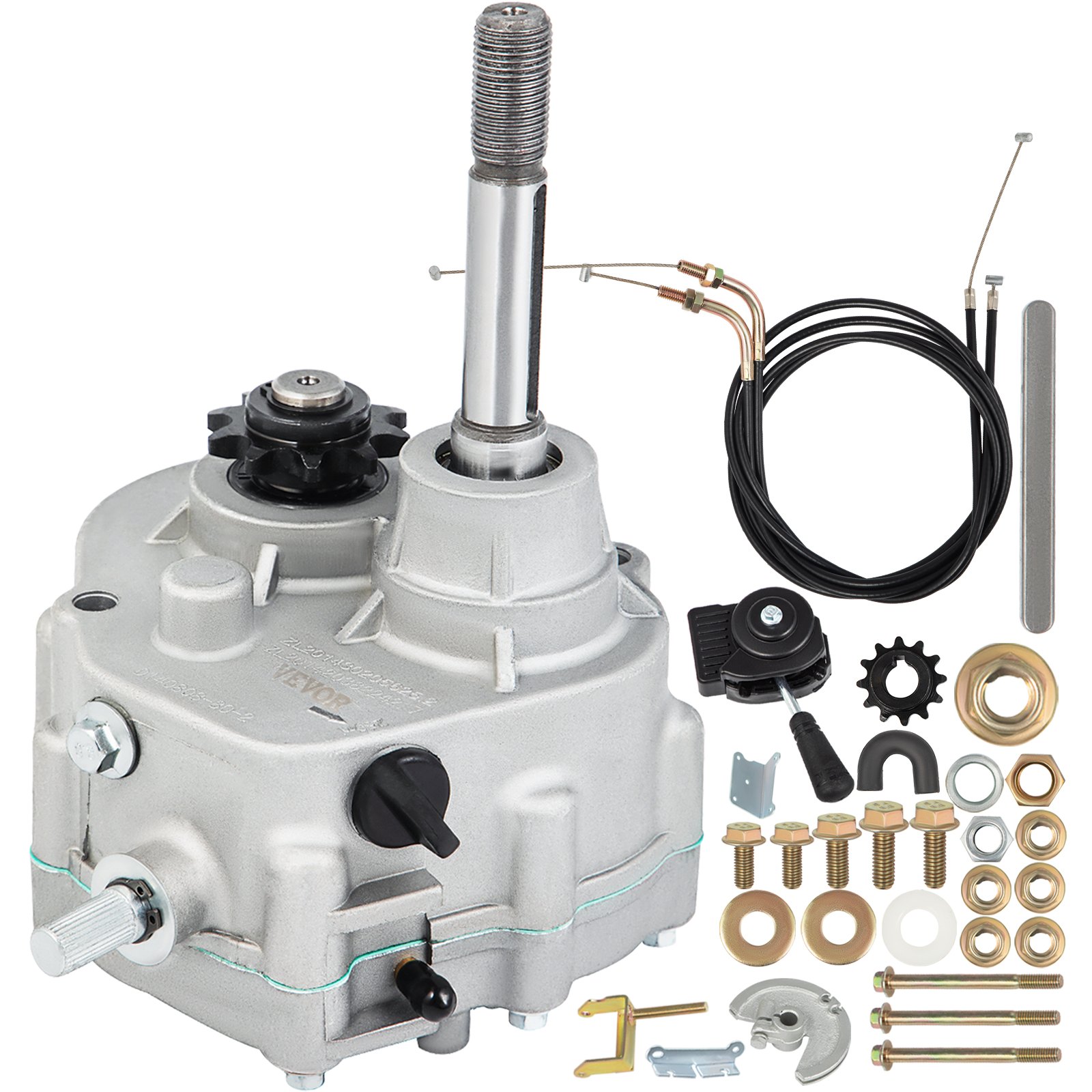 Caja de cambios para kart VEVOR con cables y componentes de hardware variados.