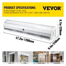 Cortina de aire VEVOR de 47 pulgadas, 2 velocidades, 891 CFM, cortina de aire comercial para interiores, cortinas de aire para puertas con 2 interruptores limitados, certificado CE y  110 V sin calefacción