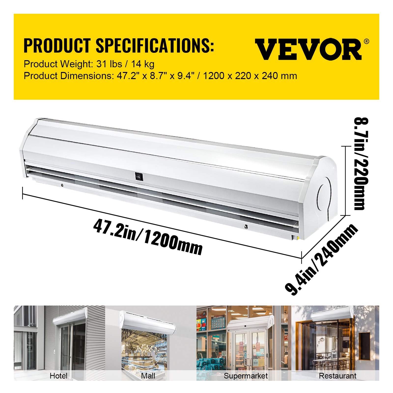 Cortina de aire VEVOR, 47,2 x 8,7 x 9,4 pulgadas, ideal para hoteles, centros comerciales, supermercados, restaurantes.