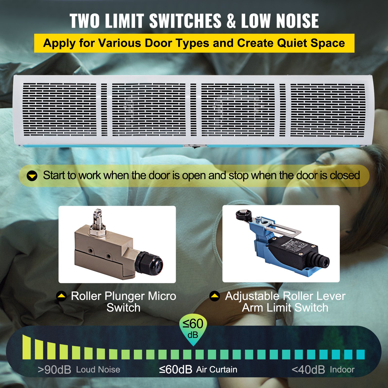 Cortina de aire VEVOR Cortina de aire comercial de 60 pulgadas Cortina de aire de puerta de 2 velocidades 2515 CFM/2285 CFM con 2 interruptores limitados Cortina de aire interior de bajo ruido