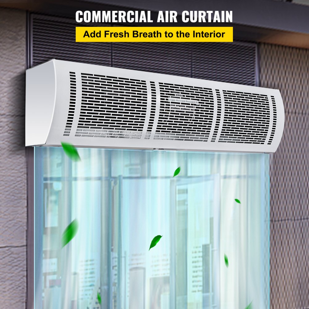 Cortina de aire VEVOR en espacio comercial con hojas verdes, mejorando la calidad del aire interior.