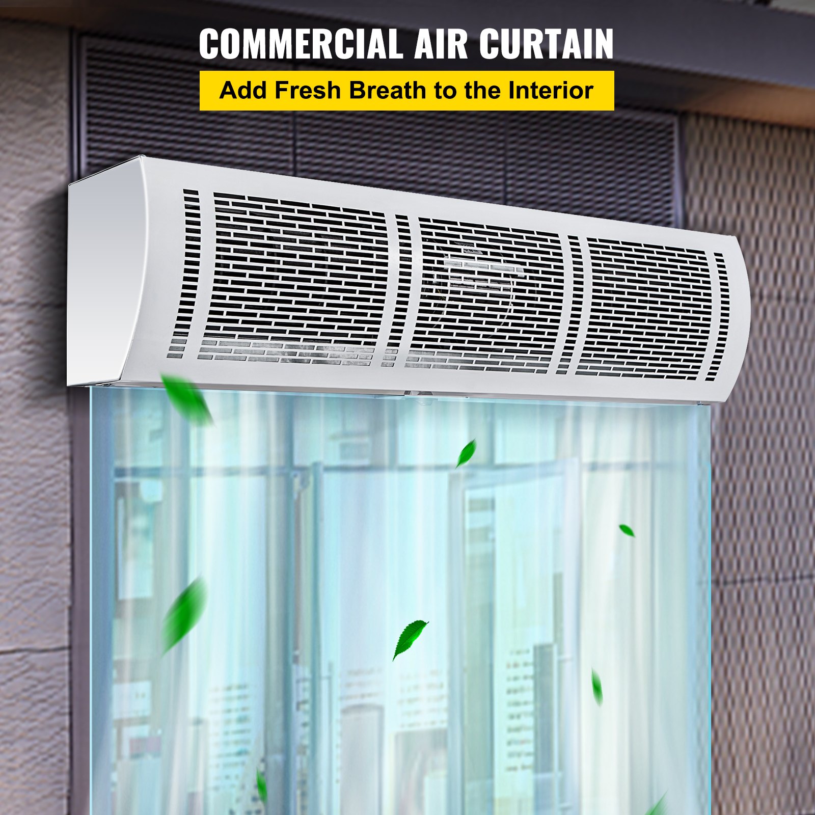 Cortina de aire VEVOR en espacio comercial con hojas verdes, mejorando la calidad del aire interior.