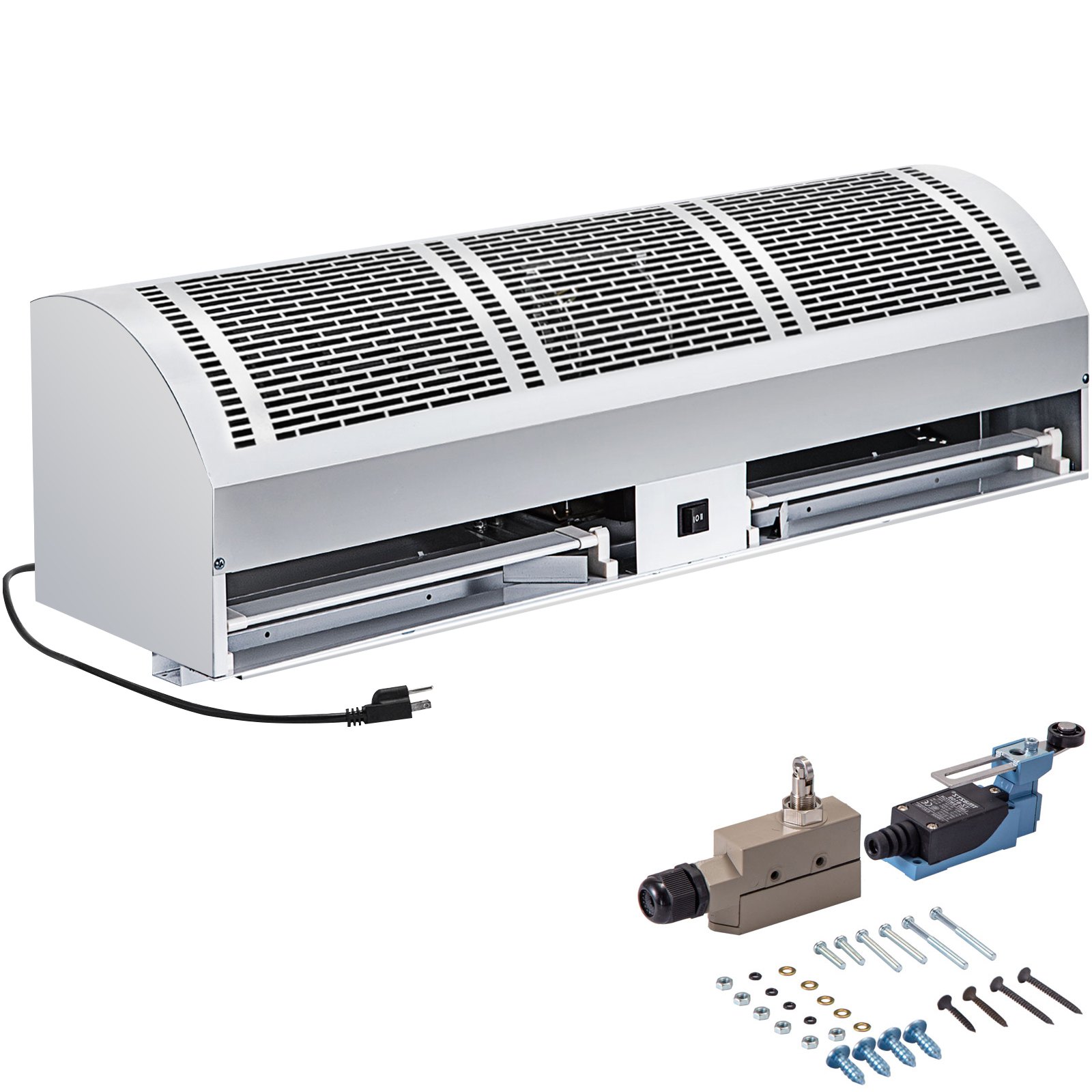 Cortina de aire VEVOR con cable de alimentación, hardware de montaje y accesorios.