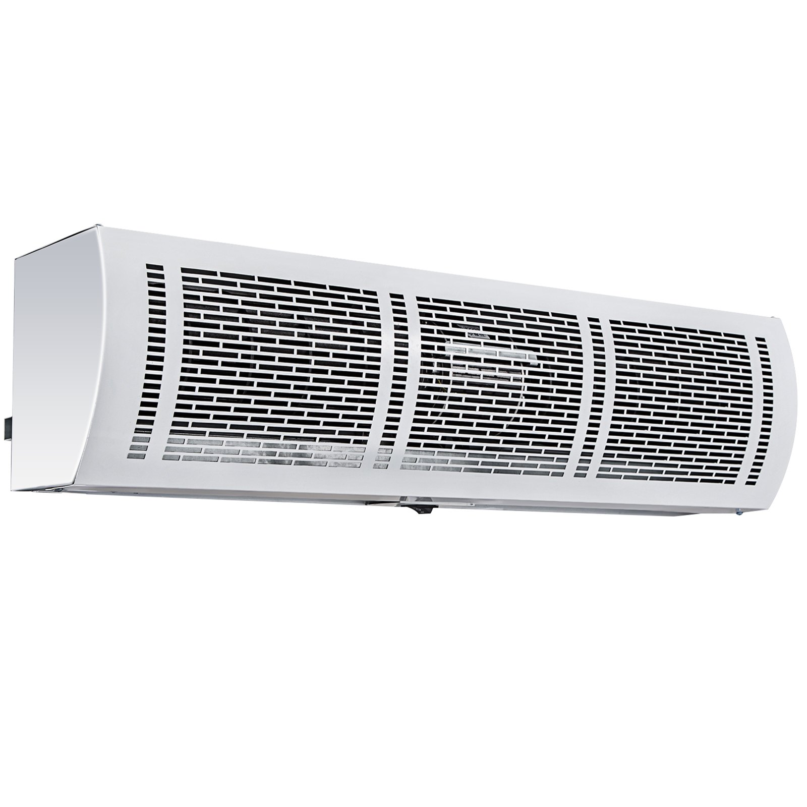 Cortina de aire VEVOR con elegante diseño blanco y rejilla frontal para distribución del aire.