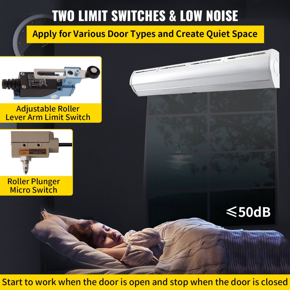 Cortina de aire VEVOR para espacios silenciosos con interruptores ajustables y nivel de ruido ≤50db.