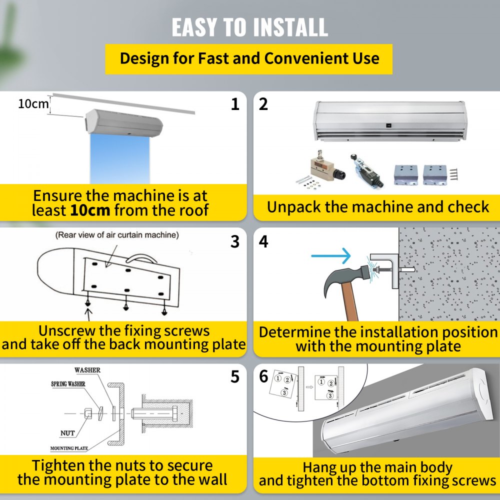 Pasos fáciles de seguir para instalar la cortina de aire VEVOR, garantizando una configuración adecuada.
