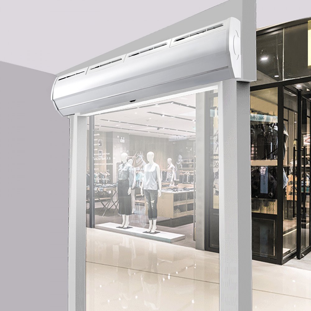 Entrada de tienda moderna con una cortina de aire VEVOR sobre las puertas de vidrio.