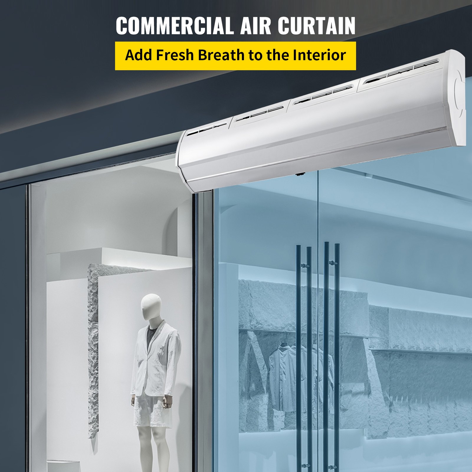 Cortina de aire comercial VEVOR sobre una puerta de cristal al lado de una exhibición de maniquíes.
