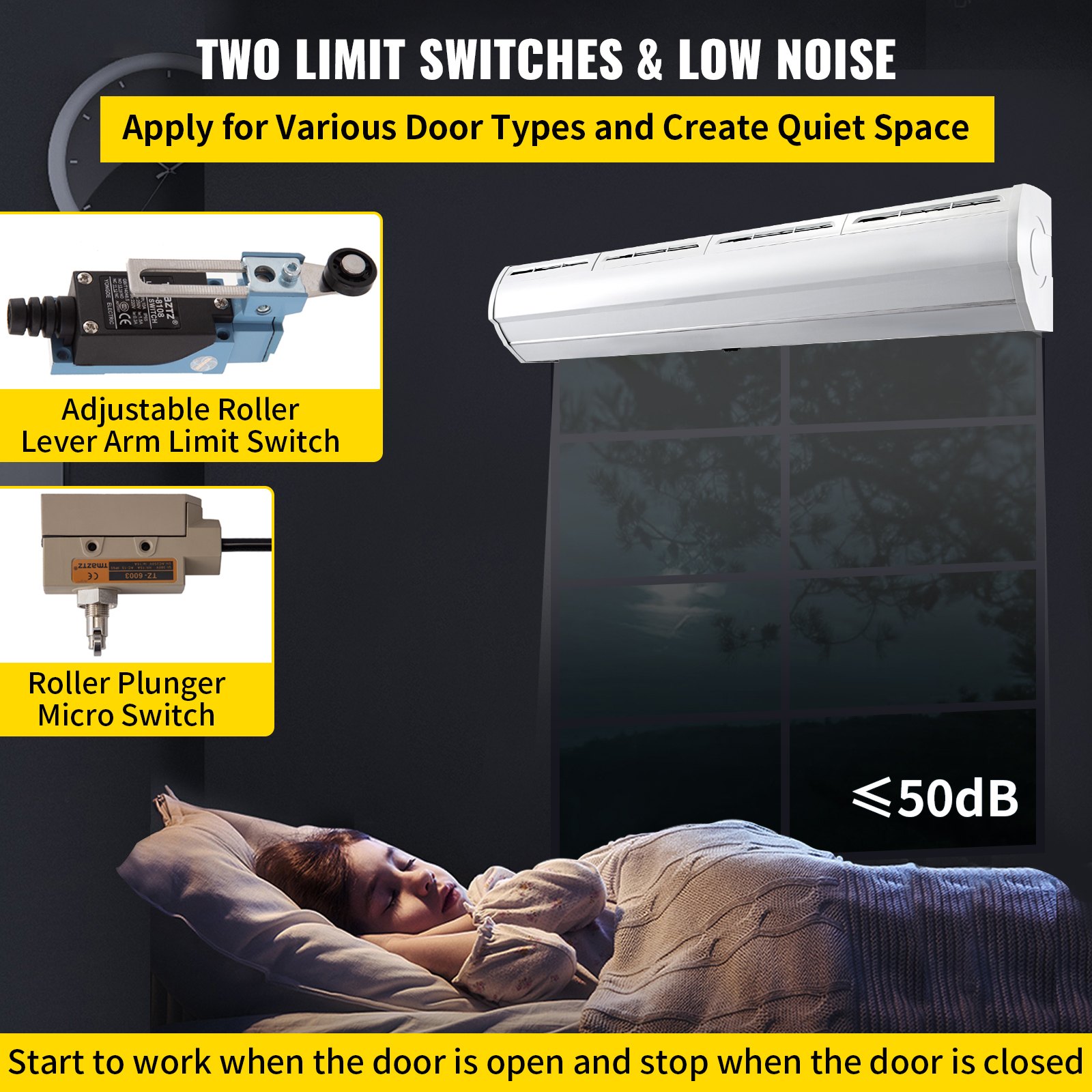 Cortina de aire VEVOR para espacios silenciosos con interruptores ajustables y nivel de ruido ≤50db.