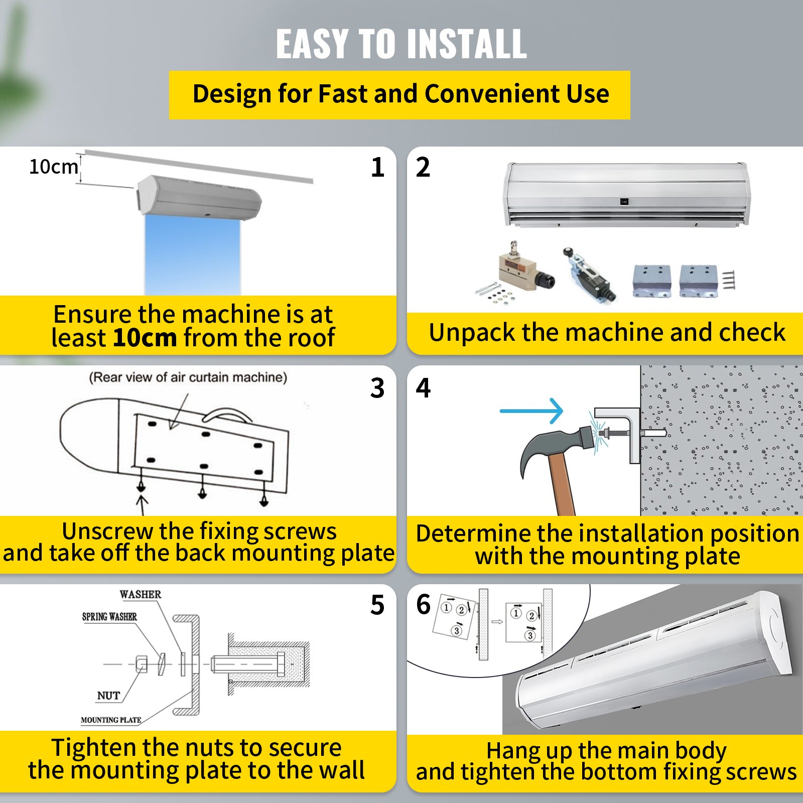 Pasos fáciles de seguir para instalar la cortina de aire VEVOR, garantizando una configuración adecuada.