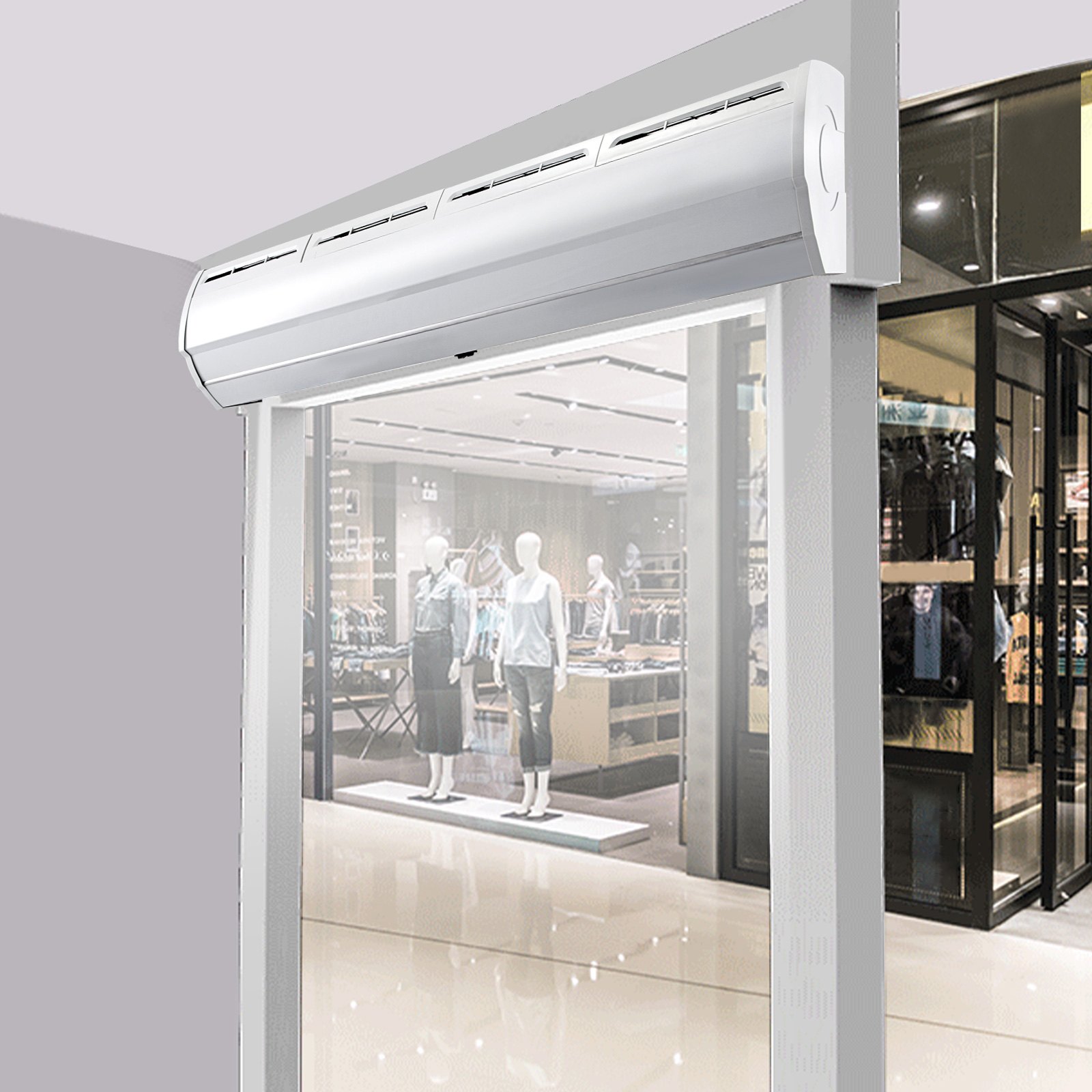 Entrada de tienda moderna con una cortina de aire VEVOR sobre las puertas de vidrio.