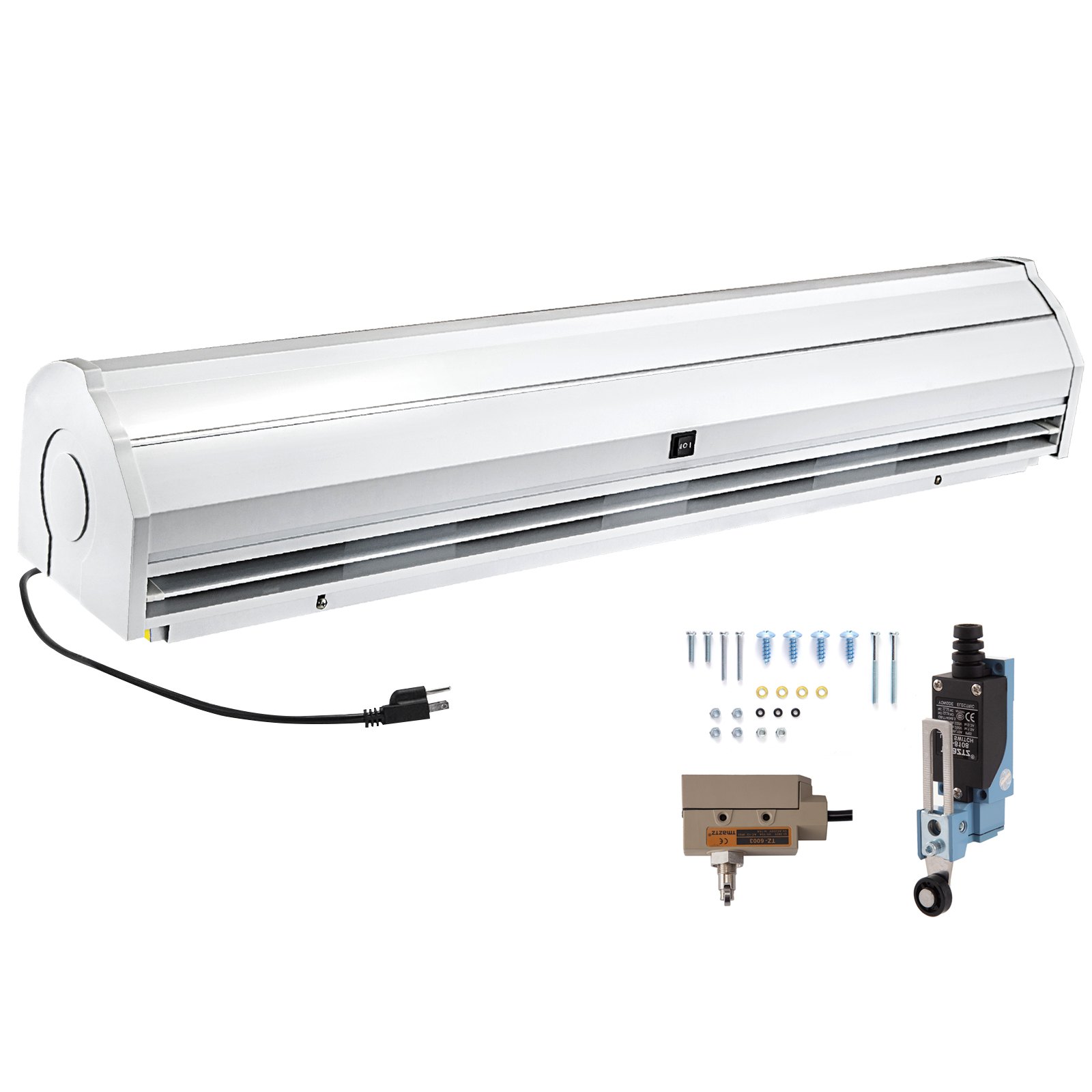 Cortina de aire VEVOR con kit de instalación y accesorios, incluye tapón y tornillos.