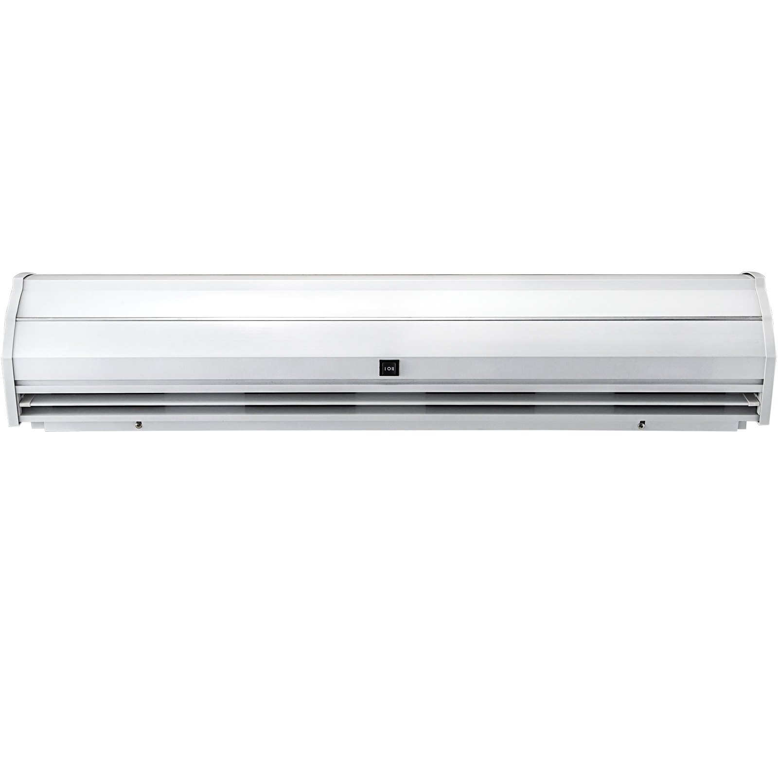 Cortina de aire VEVOR, elegante diseño blanco, vista frontal con ventilaciones y panel de control.