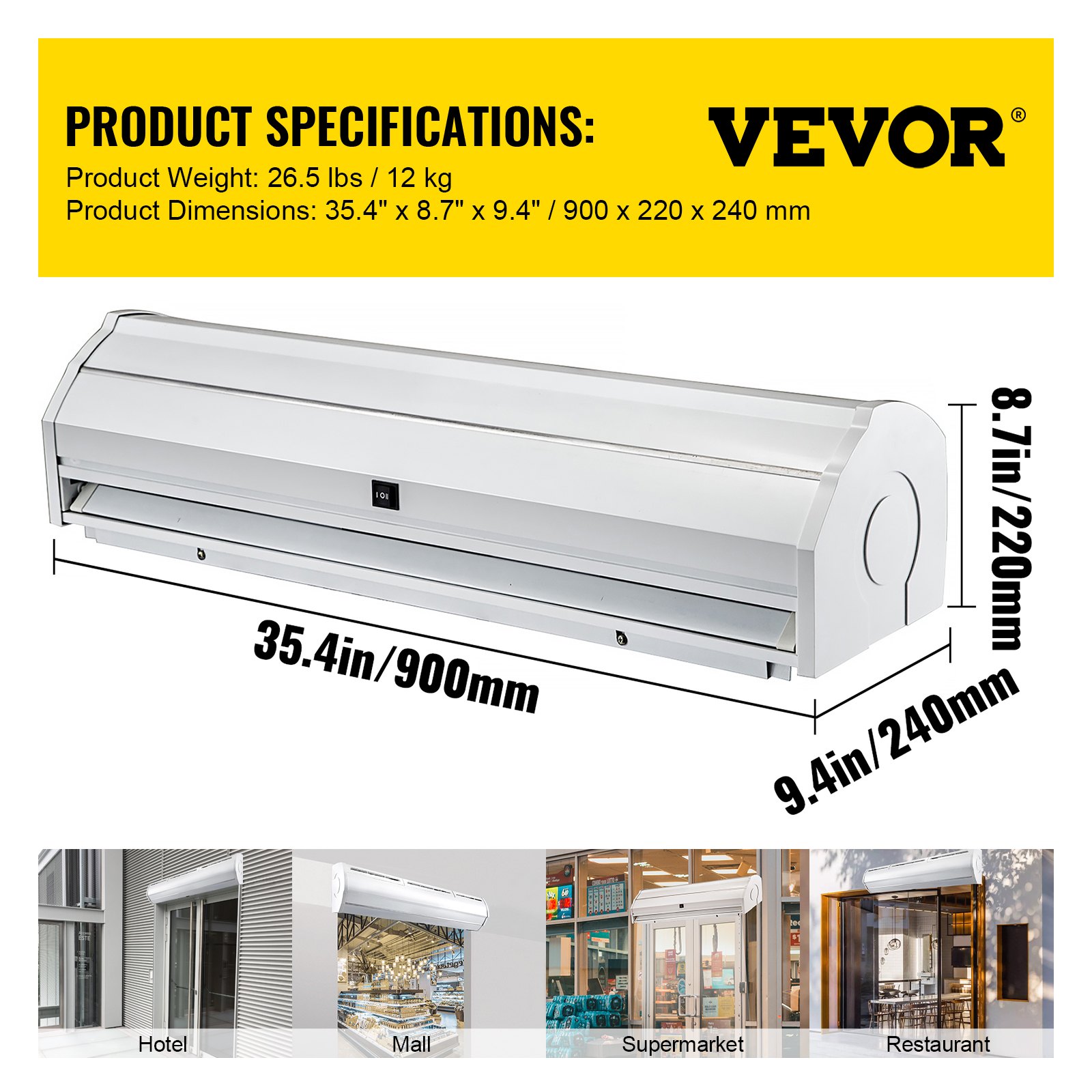 Cortina interior comercial VEVOR, 35,4 pulgadas x 8,7 pulgadas x 9,4 pulgadas, blanca, uso en hoteles, centros comerciales, supermercados, restaurantes.