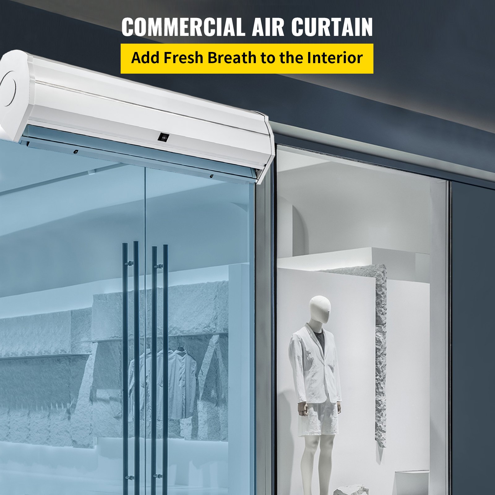 Cortina interior comercial VEVOR instalada sobre una entrada de vidrio en un interior moderno.