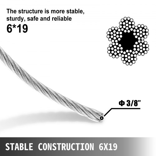 VEVOR Cable de cabrestante 3/8" x 50' Cuerda de alambre de repuesto 4400LBS Núcleo de fibra Gancho giratorio autoblocante (50 pies)