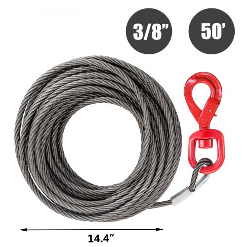 VEVOR Cable de cabrestante 3/8" x 50' Cuerda de alambre de repuesto 4400LBS Núcleo de fibra Gancho giratorio autoblocante (50 pies)