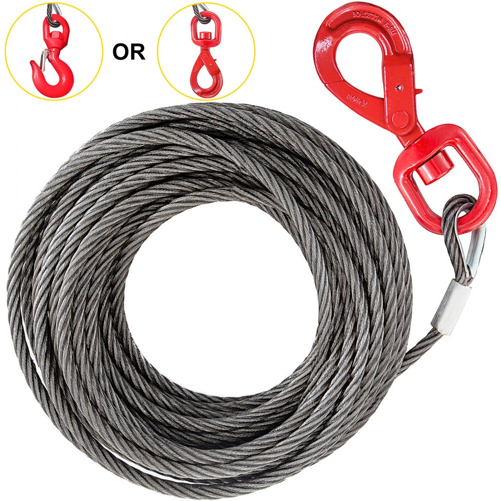 VEVOR Cable de cabrestante 3/8 x 50' Cuerda de alambre de repuesto 4400LBS  Núcleo de fibra Gancho giratorio autoblocante (50 pies)