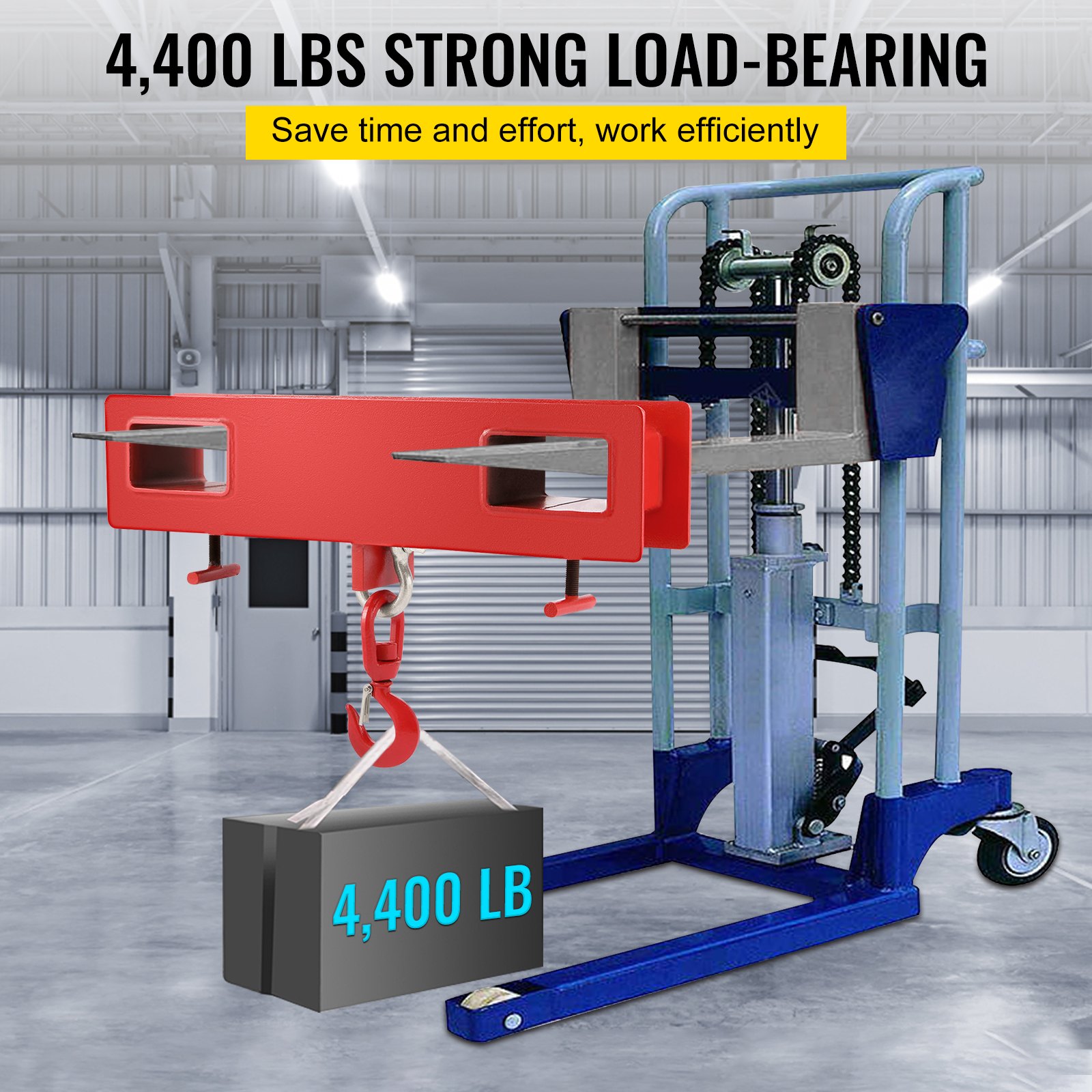 Gancho de elevación para carretilla elevadora VEVOR que sostiene un peso de 4400 lb en un almacén industrial.