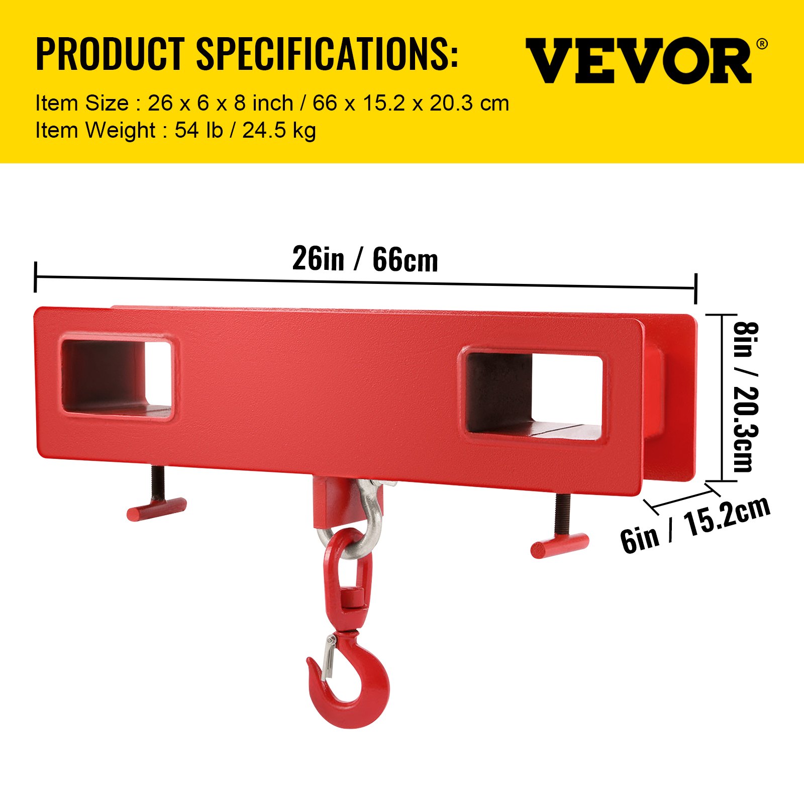 Gancho de elevación para carretilla elevadora VEVOR, 26 x 6 x 8 pulgadas, 54 libras, rojo con especificaciones y dimensiones.