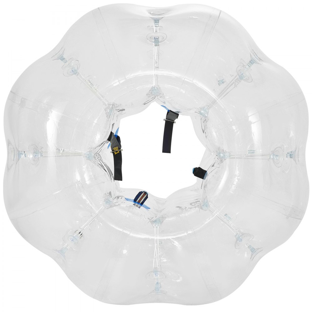 Pelota de parachoques inflable VEVOR transparente con correas de arnés de seguridad interiores visibles.