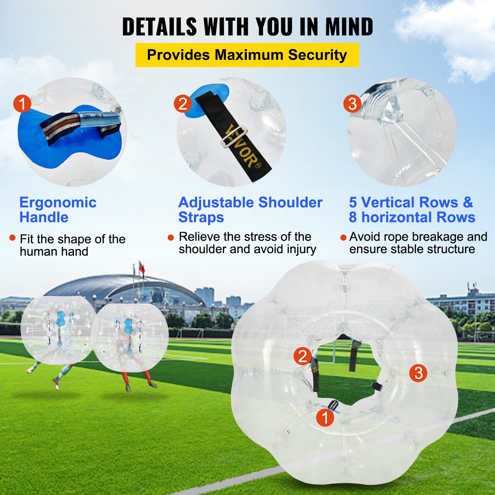 Pelota de choque inflable VEVOR con mango ergonómico y correas de hombro ajustables.