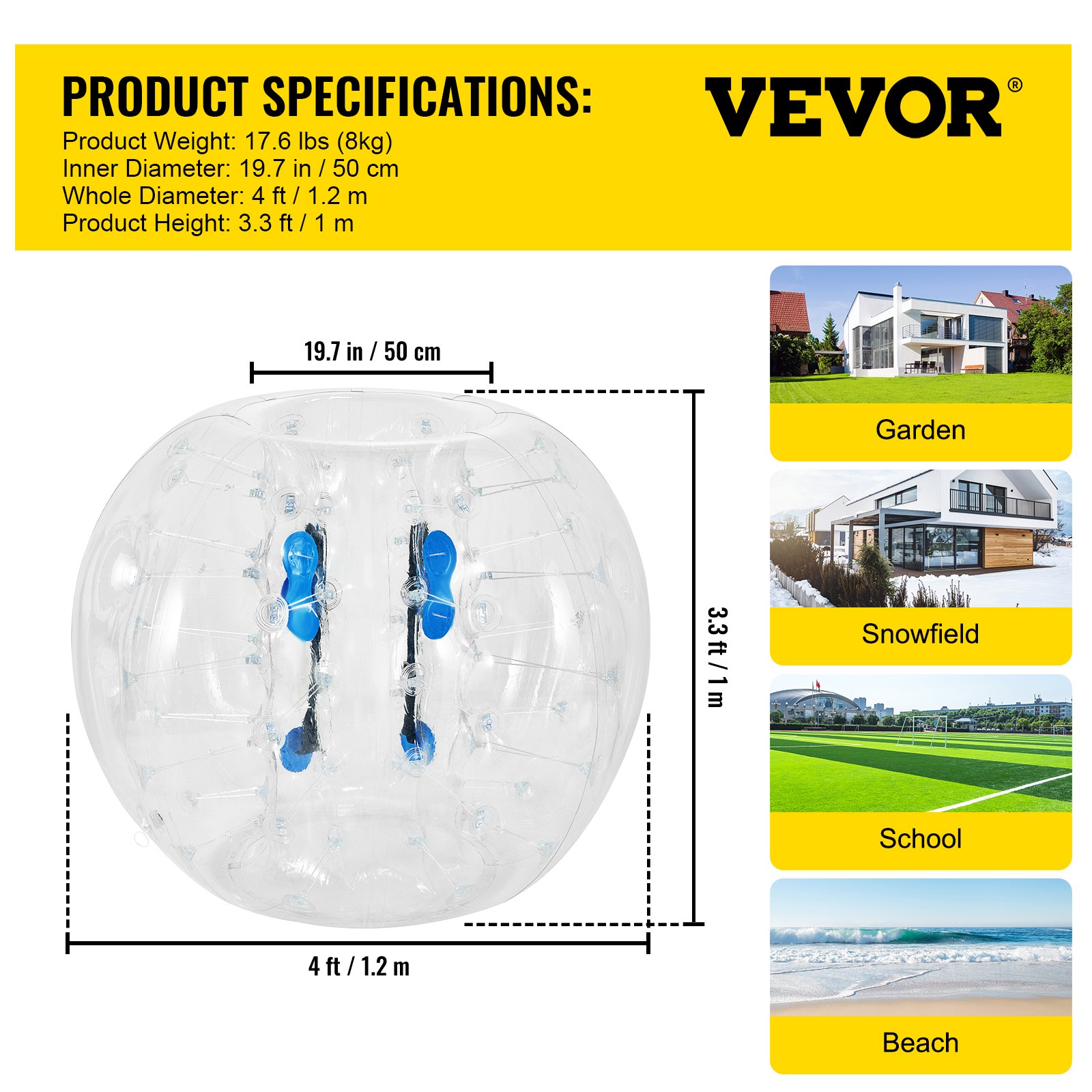 Pelota de parachoques inflable VEVOR con asas y especificaciones azules. Adecuada para jardín, campo de nieve, escuela, playa.