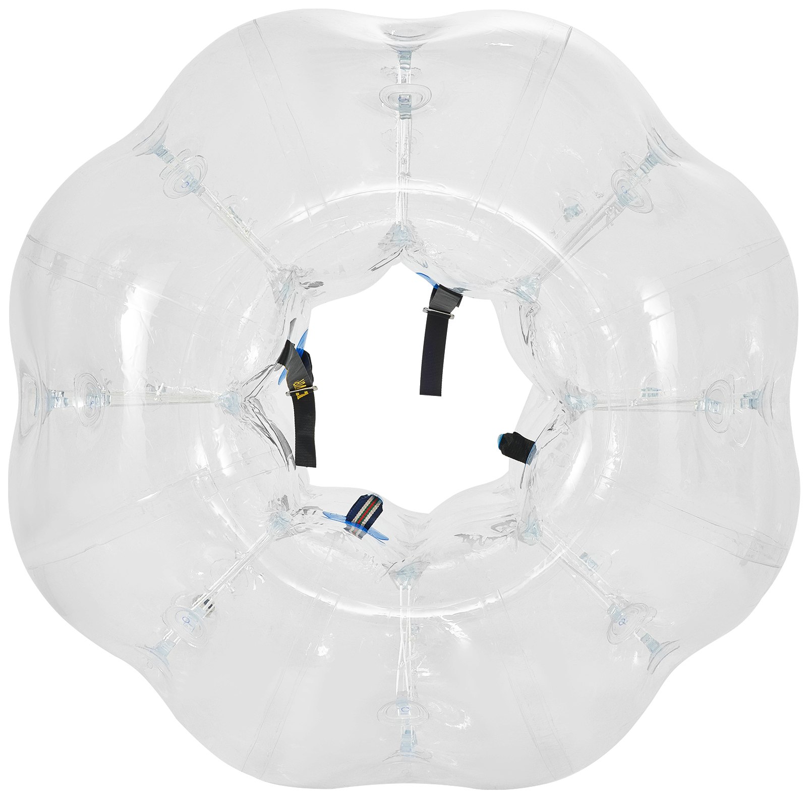 Pelota de parachoques inflable VEVOR transparente con correas de arnés de seguridad interiores visibles.