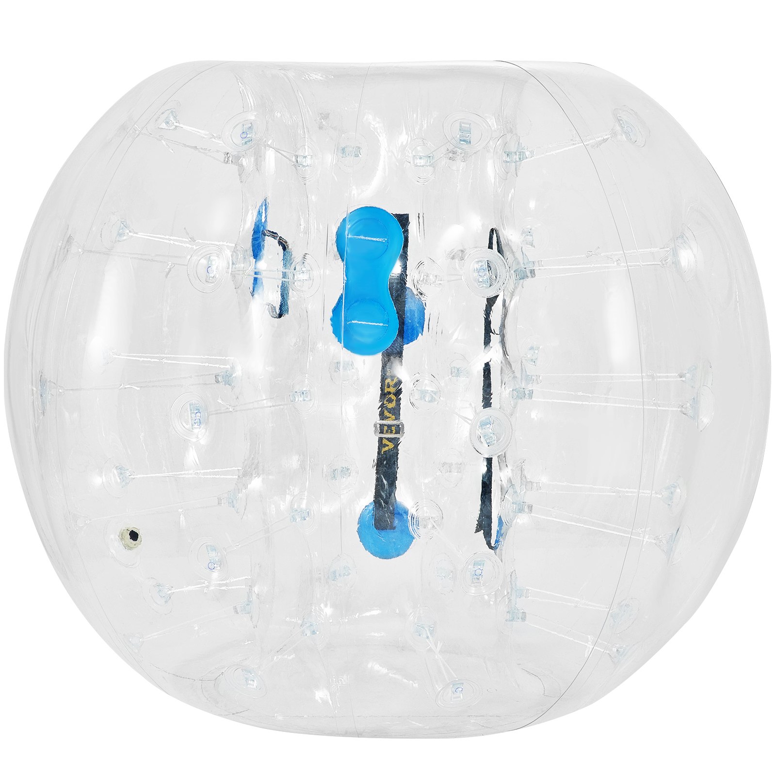 Pelota de parachoques inflable VEVOR transparente con asas interiores azules y correas negras.