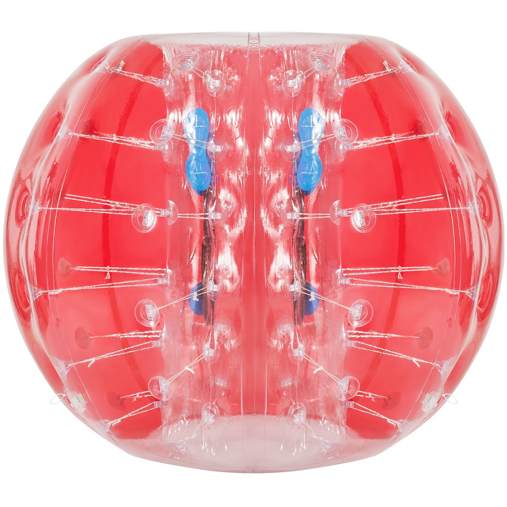 Pelota de choque inflable VEVOR roja con segmentos transparentes y asas azules.