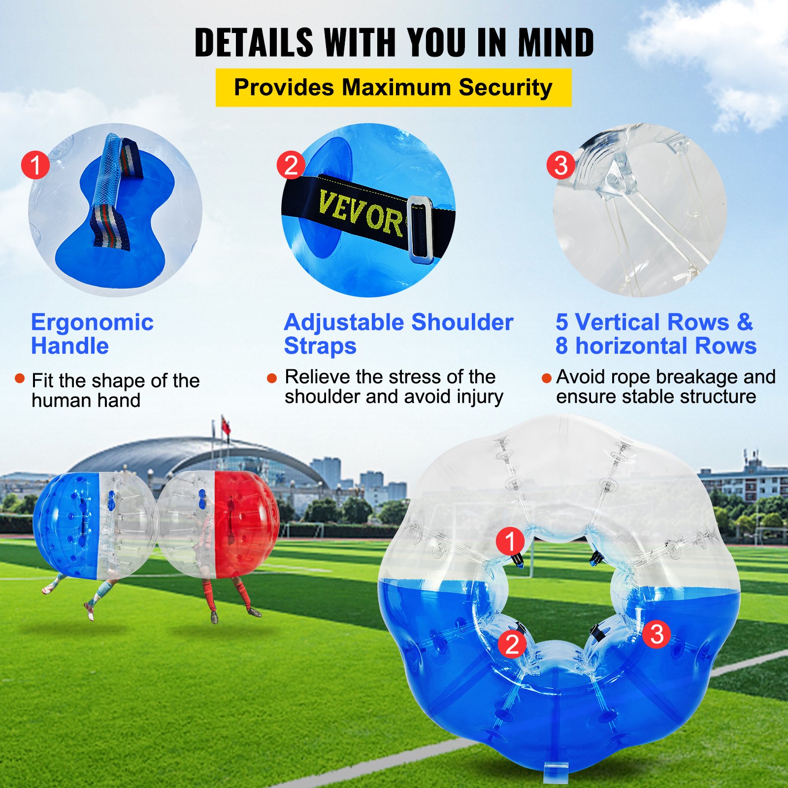 Pelota de choque inflable VEVOR con mango ergonómico, correas de hombro ajustables, cuerdas duraderas.
