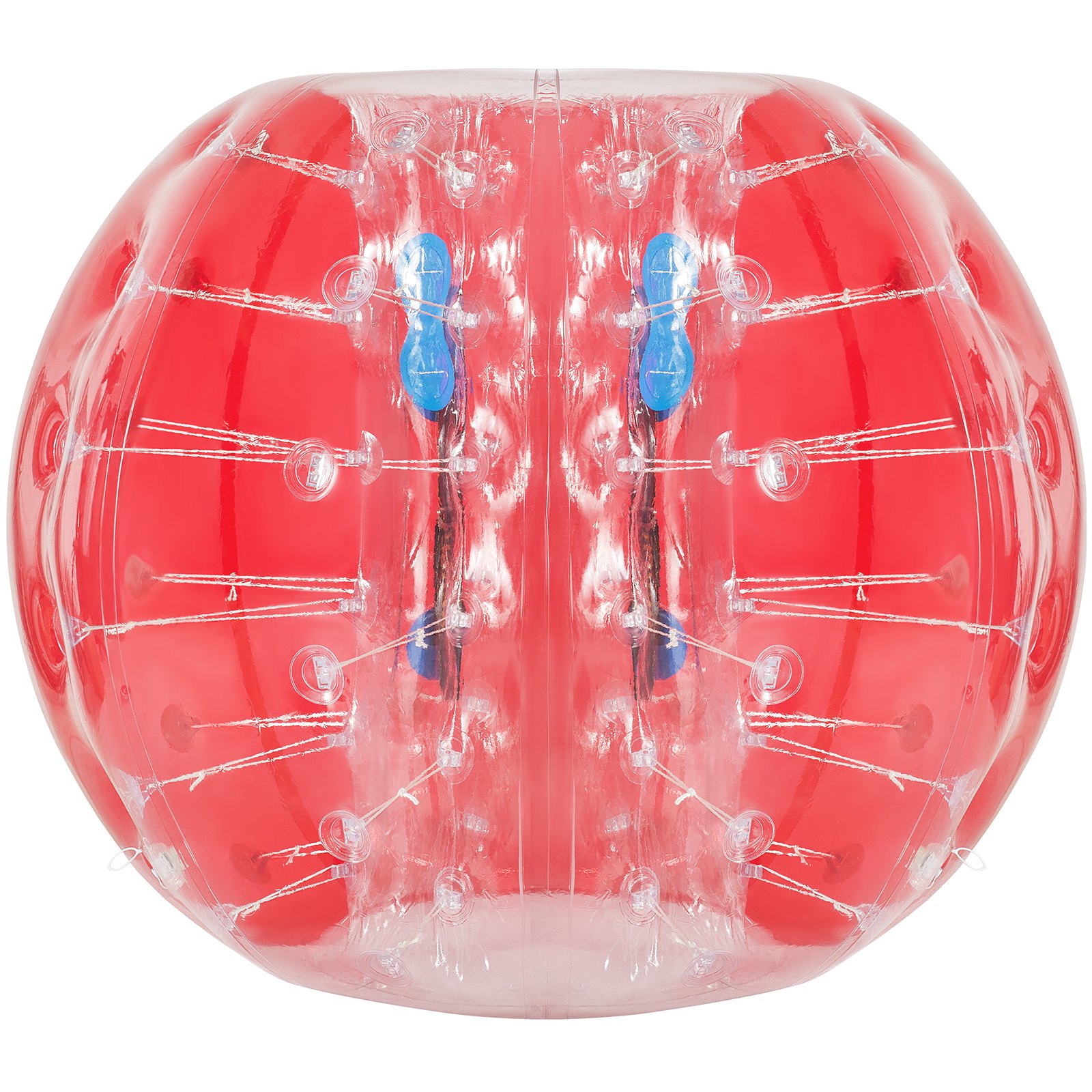 Pelota de choque inflable VEVOR roja con segmentos transparentes y asas azules.