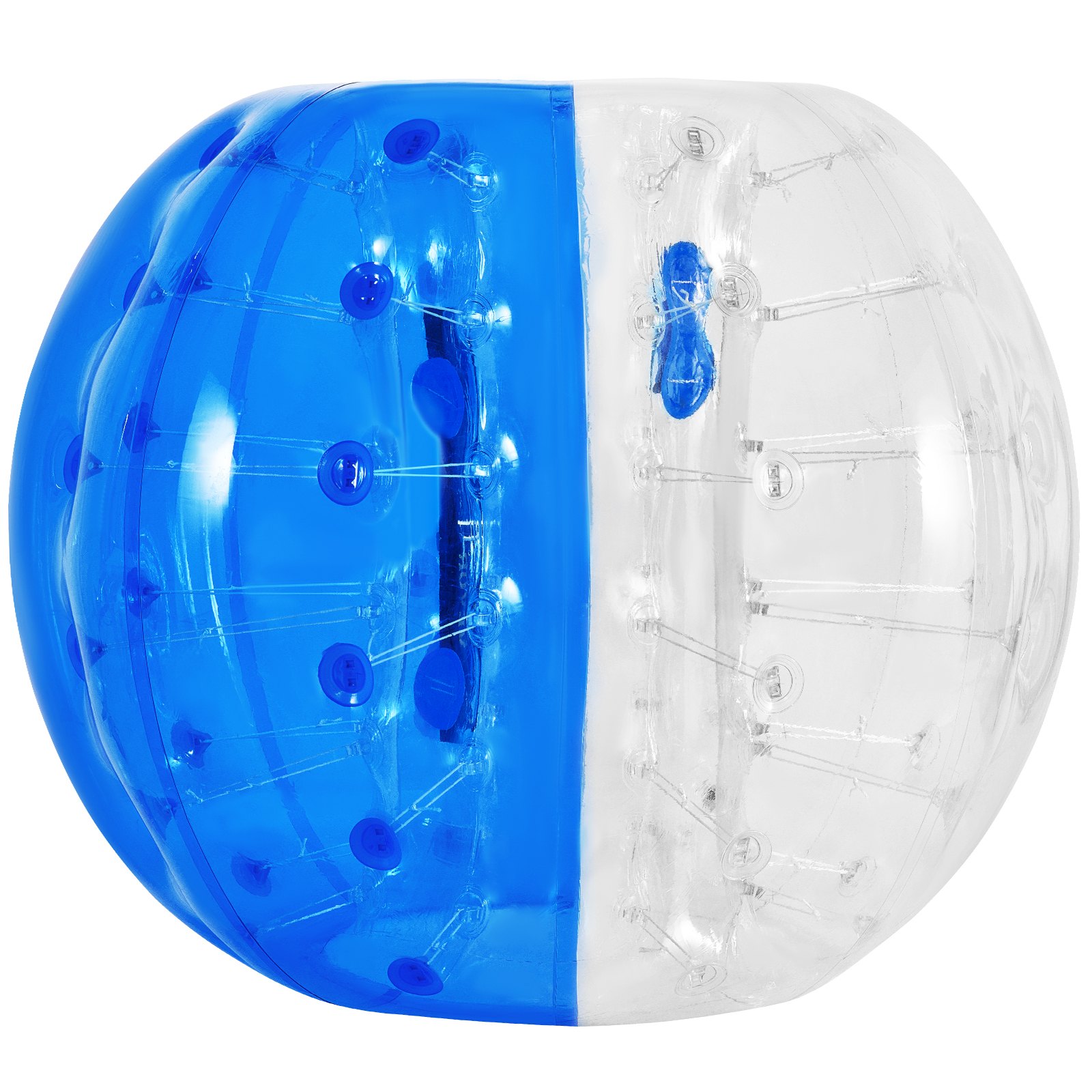 Pelota de choque inflable VEVOR, mitad azul y transparente, con correas y asas interiores.