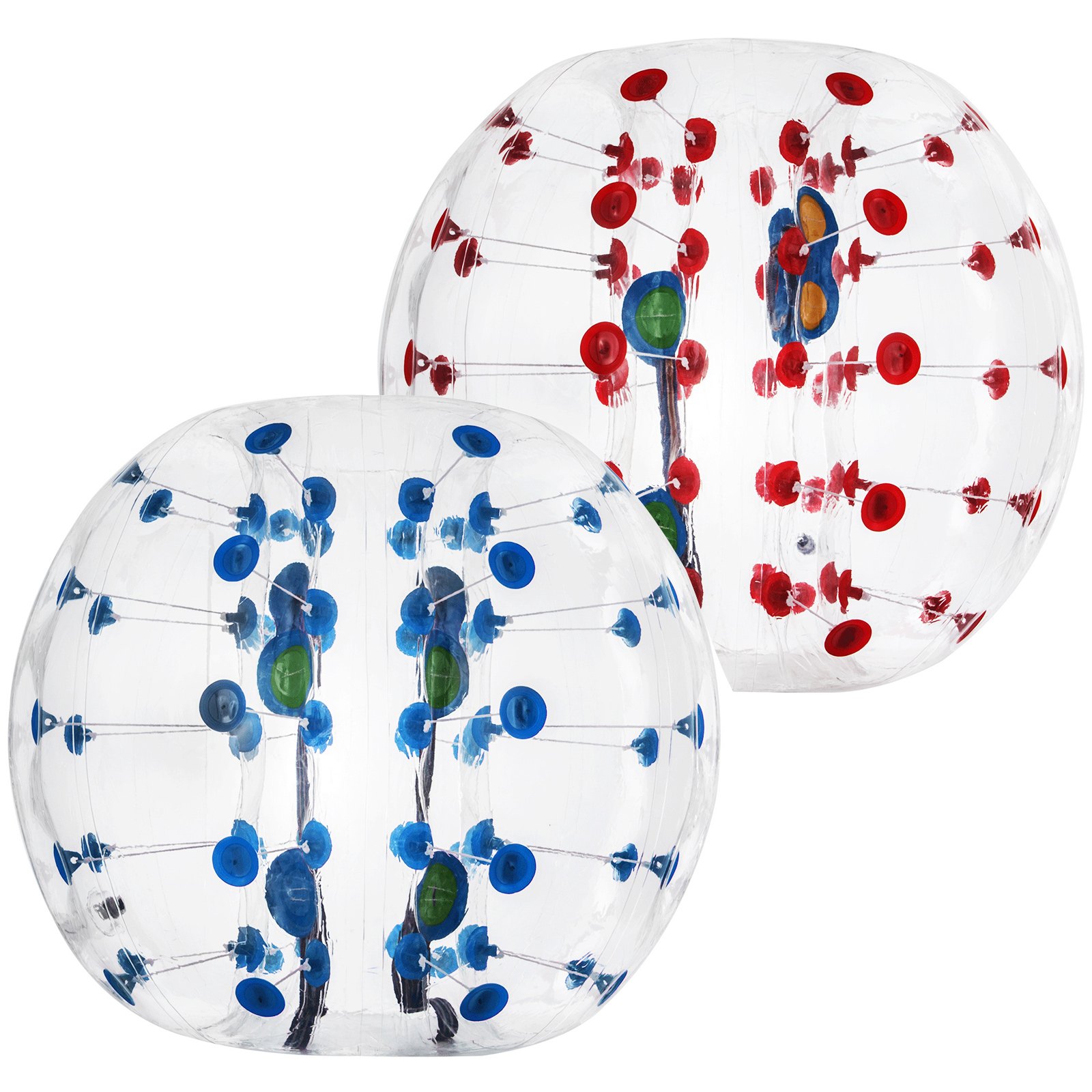Pelota de choque inflable VEVOR transparente con asas azules y rojas.
