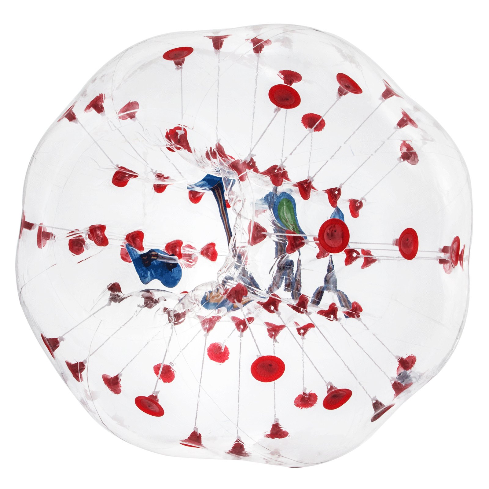 Pelota de choque inflable VEVOR transparente con conectores rojos y sistema de arnés interno.