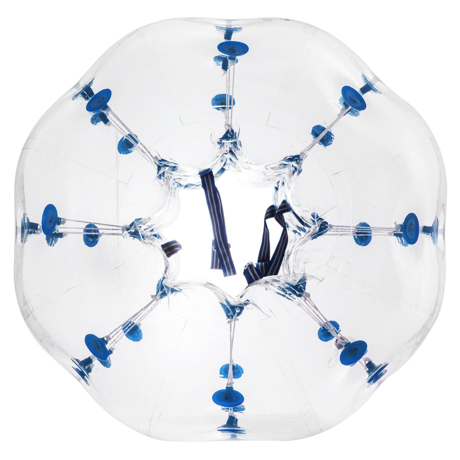 Pelota de parachoques inflable VEVOR transparente con asas y conectores azules.