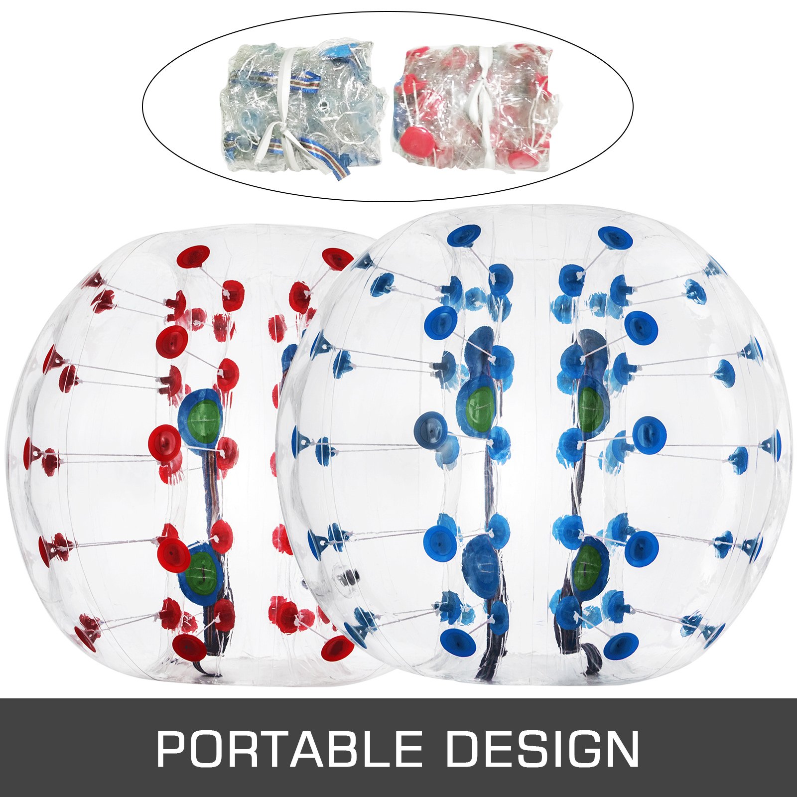 Pelota de choque inflable VEVOR con puntos rojos y azules, diseño portátil.
