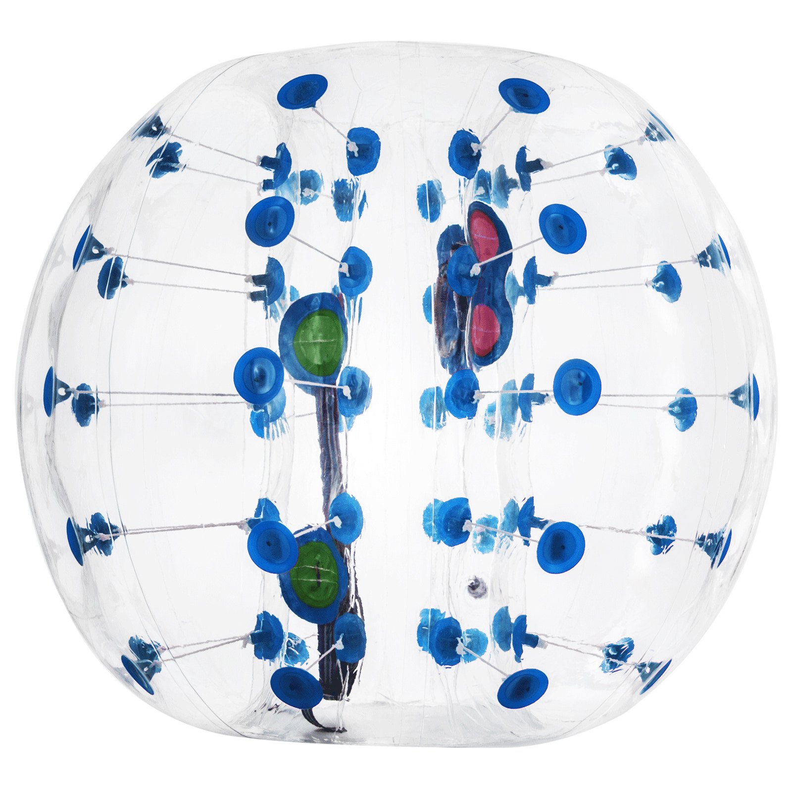 Pelota de parachoques inflable VEVOR transparente con parches azules y rojos.