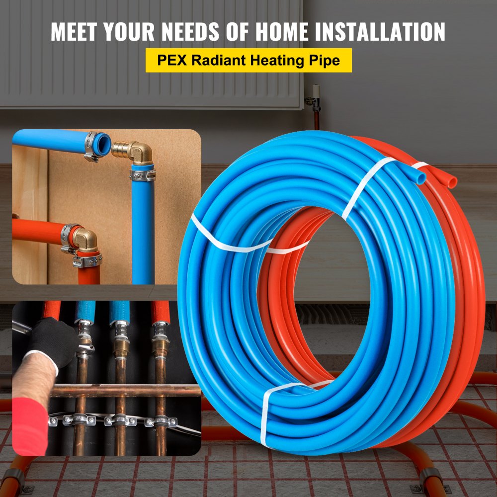 Tubo pex VEVOR azul y rojo enrollado para instalación de calefacción radiante en el hogar.