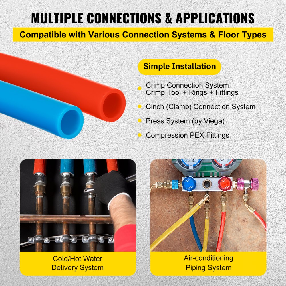 Tubos pex VEVOR: múltiples conexiones, instalación sencilla para sistemas de agua y aire.