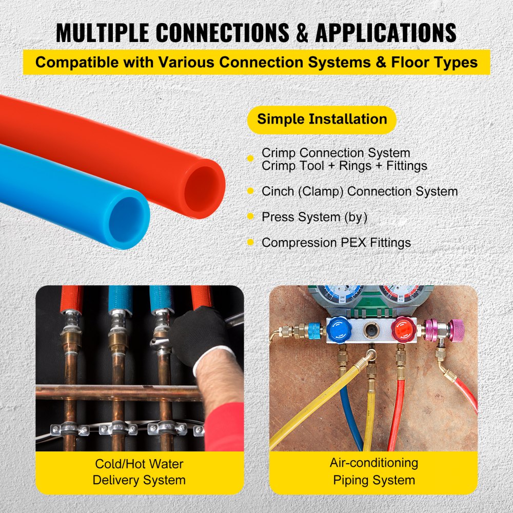 VEVOR 2 rollos de tubería flexible sin barrera de oxígeno de 1/2" x 100 pies, color rojo y azul, para calefacción radiante hidráulica por suelo radiante EVOH, aplicaciones de fontanería con cortador.