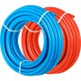 Rollos azules y rojos de tubos pex VEVOR, cuidadosamente enrollados con correas blancas.