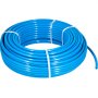 Bobina de tubo pex VEVOR azul asegurada con bandas blancas para instalaciones de plomería.