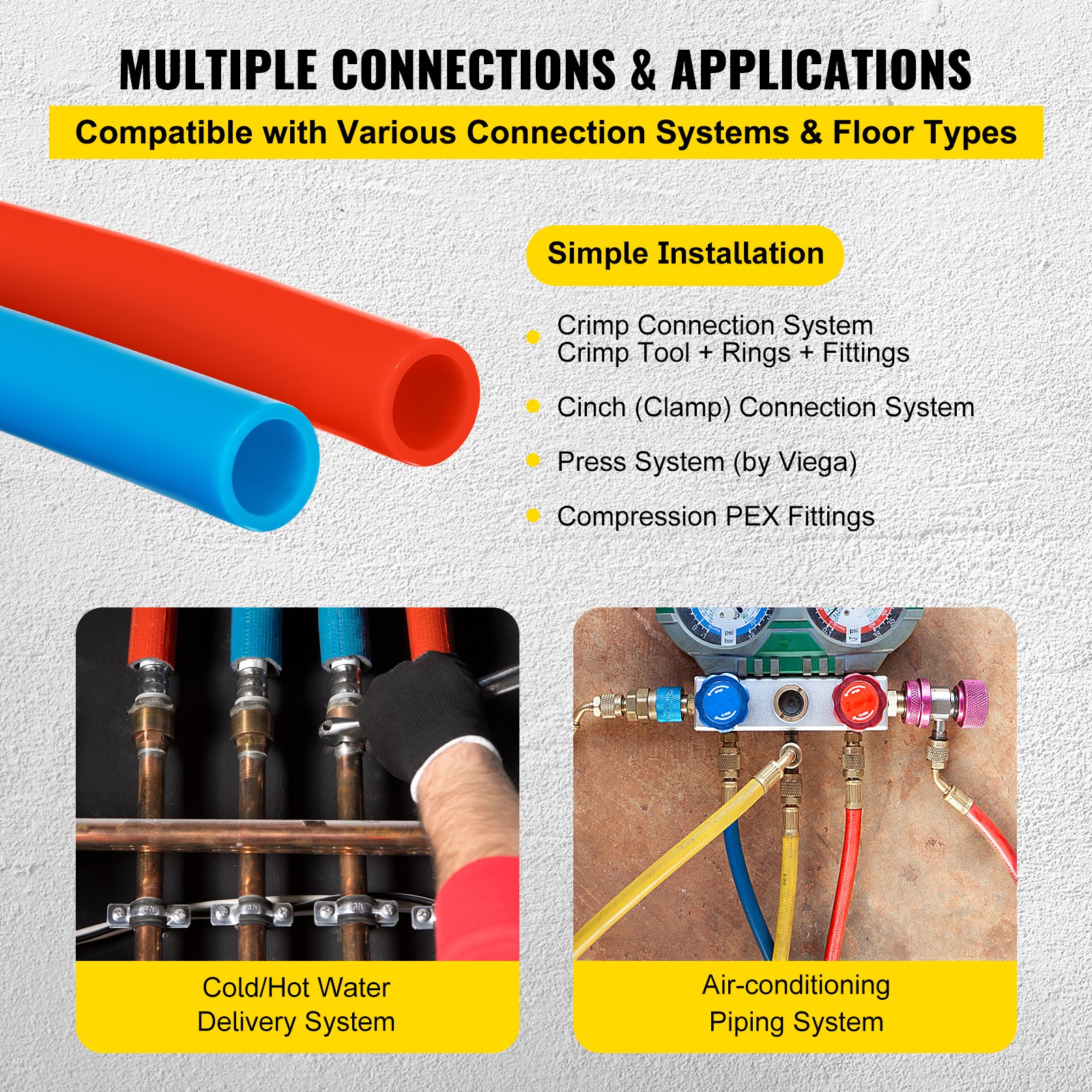 Tubos pex VEVOR: múltiples conexiones, instalación sencilla para sistemas de agua y aire.