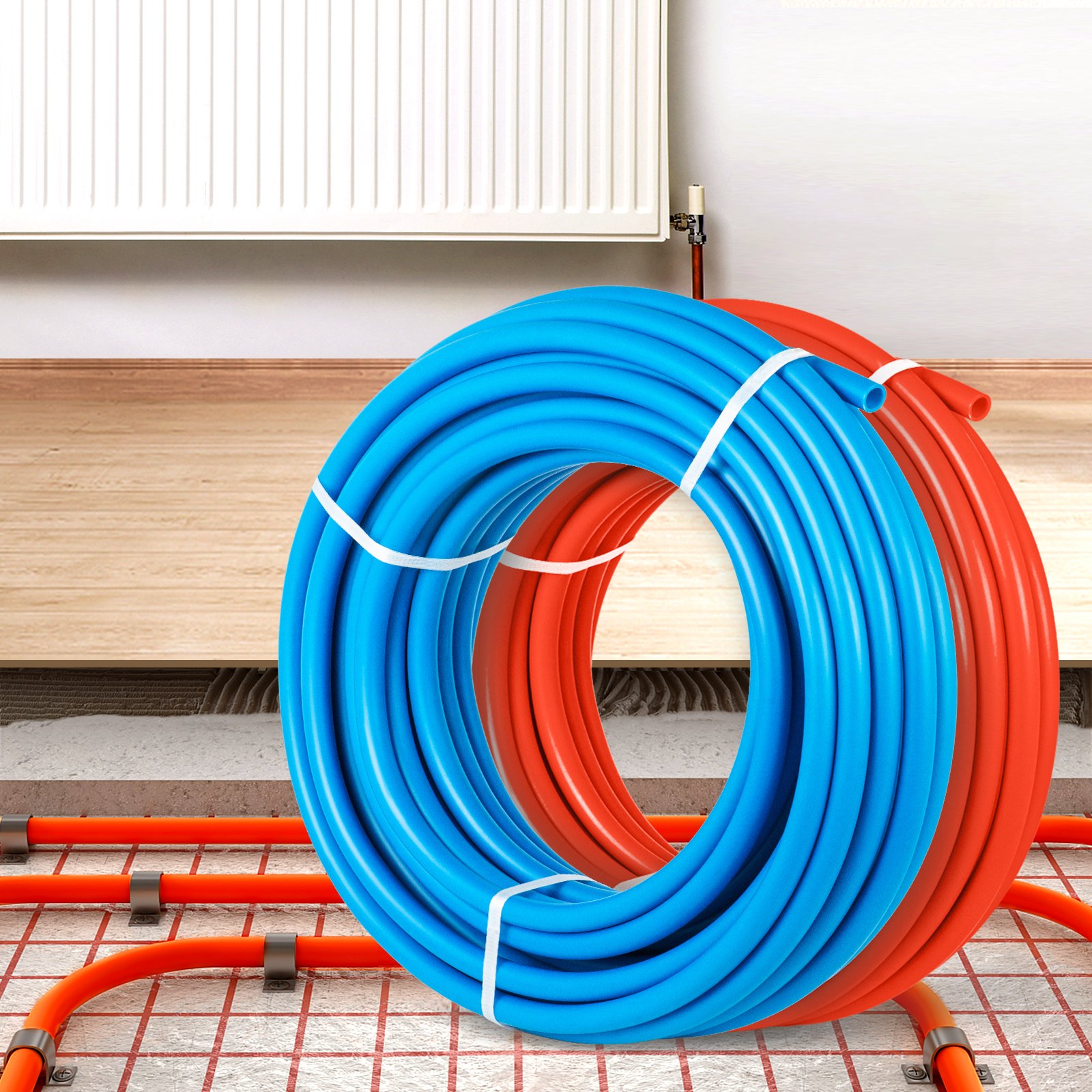 Dos bobinas de tubo pex VEVOR en azul y naranja junto a un radiador de calefacción.