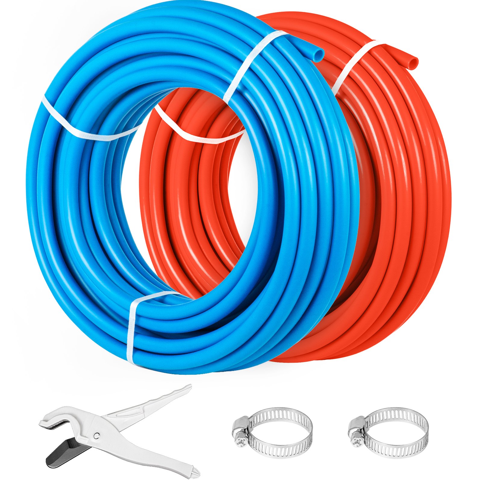 Tubo pex VEVOR azul y rojo con cortador de tubos y abrazaderas de metal.