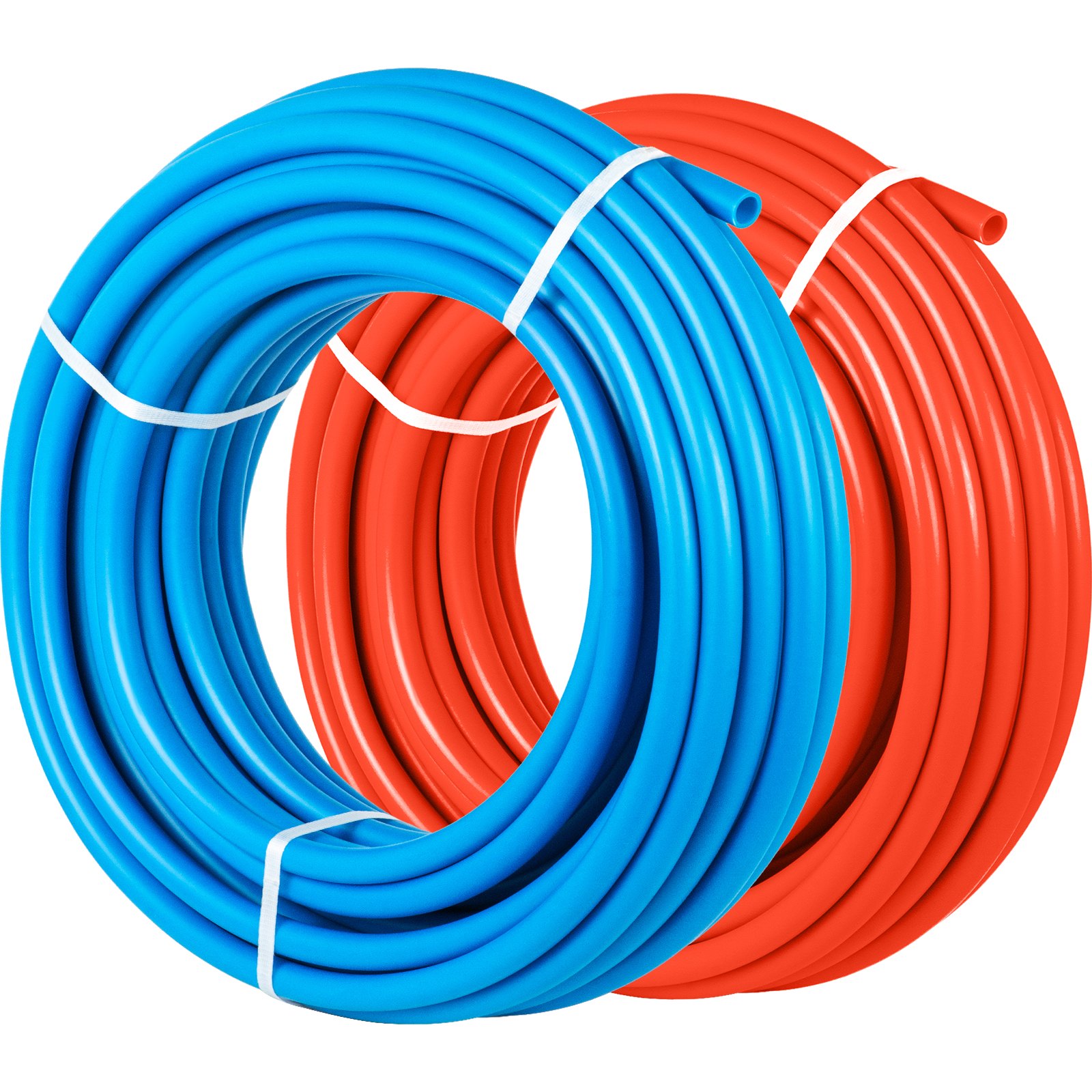 Rollos azules y rojos de tubos pex VEVOR, cuidadosamente enrollados con correas blancas.