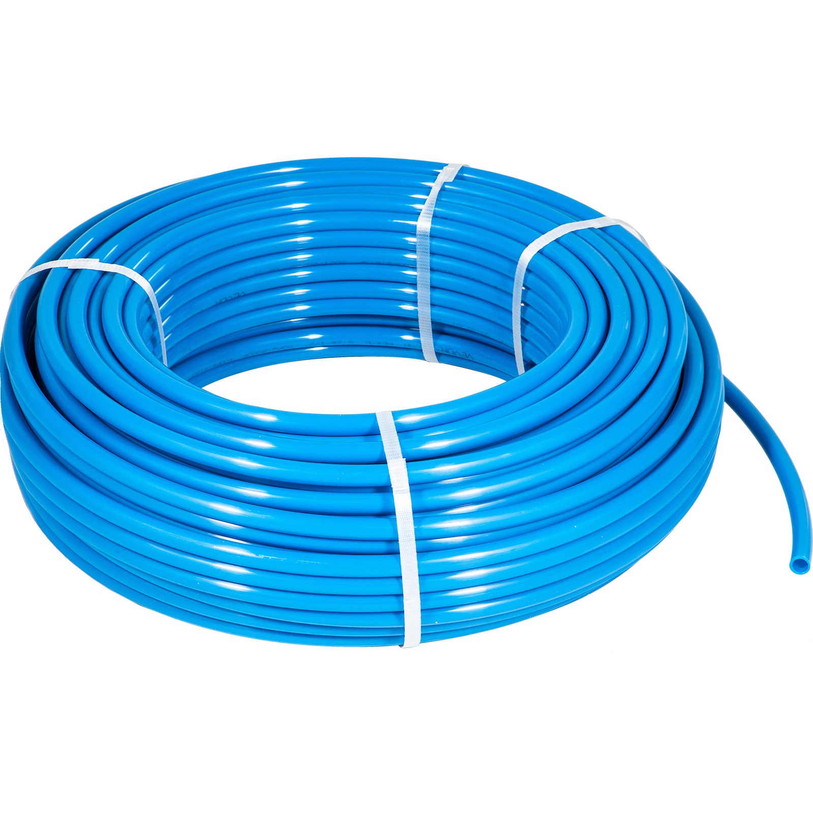 Bobina de tubo pex VEVOR azul asegurada con bandas blancas para instalaciones de plomería.